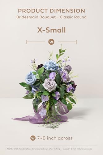 Ling's moment Light Purple Artificial Bridesmaid Bouquets Set of 4 Wedding Flower Bouquets Blue Floral Bouquet Bridal Bouquets with Ribbon,Ceremony,Anniversary,7-inch Diameter - color: Prpl-deep Plum