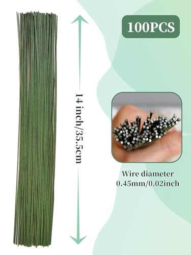 100 pcs 14 in,26 Gauge Floral Stem Wire,Green Crafts Florist Wire Stems for Artificial Flower Making,Flower Arrangements DIY,Bouquent Stem Wrapping,Wreath Making and Crafts. (14 in,26 Gauge)