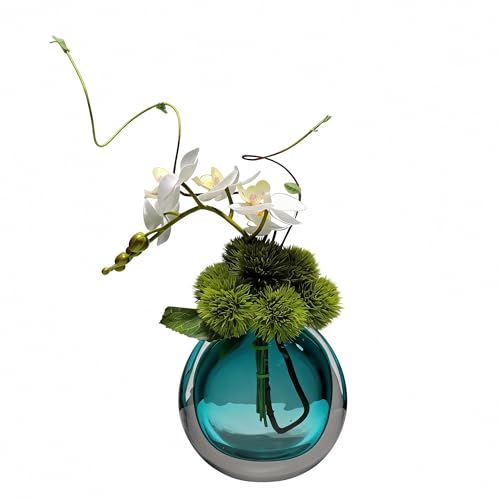 Artificial Orchids, White, in Translucent Bubble Glass Vase, Blue | Look Real, Realistic Appearance, Flower Arrangement - color: Blue