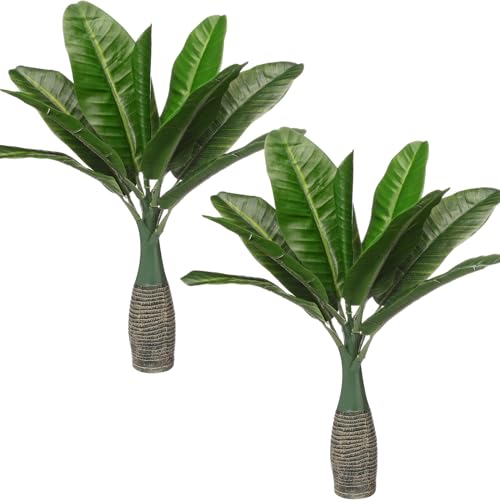 Chunyin 2 Pcs Small Palm Tree Artificial Palm Tree 17" Small Faux Plants Plastic Fake Artificial Leaf Tropical Plants Mini for Office Desk Shelf Bathroom Home Indoor Outdoor Decor