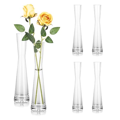 Hewory Glass Bud Vases for Centerpieces Set of 6, Handmade Modern Clear Small Skinny Decorative Single Flower Vase, Minimalist Slim Floral Vase for Home Wedding Party Events Table Decor, 9.64" - size: 9.64in