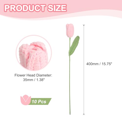 MECCANIXITY Tulip Crochet Flowers, Artificial Knitted Tulip Flower Completed Handmade Tulips Bouquet for Gift Home Birthday Wedding Decoration, Pink Pack of 10 - color: Pink