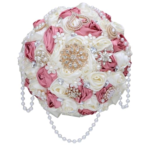 Dusty Pink Rose and Ivory Wedding Bouquet with Rhinestone Brooch Pearl String Satin Flower Cascade Bridal Bouquet for Bride Bridesmaid Quinceanera Wedding 8.7in - color: Dusty Pink & Ivory, size: Large (DIA. 8.7"/22cm)