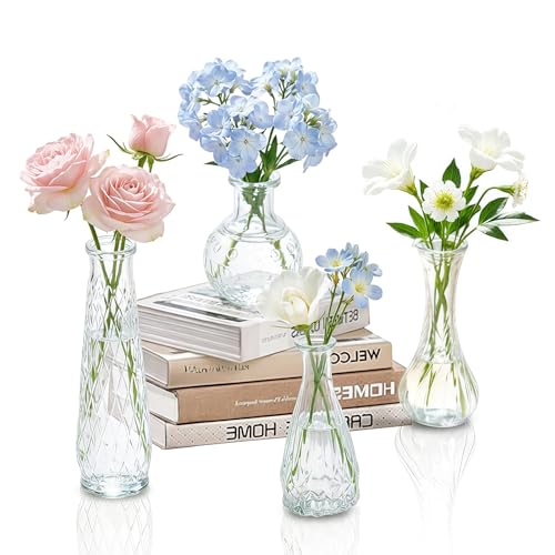 Glass Bud Vases Set of 4,Small Vase for Flowers,Clear Vintage Embossed Mini Vases,Flower Arrangements in Vases for Party or Home Decor (B)
