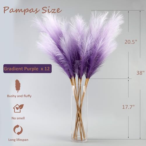12 Pcs Purple Gradient Faux Pampas Grass Decor 38"/3.1FT Tall Fake Pompas Floral Large Artificial Pompous Grass Branches Plants for Floor Vase Filler Home Boho Decoration - color: Purple Gradient