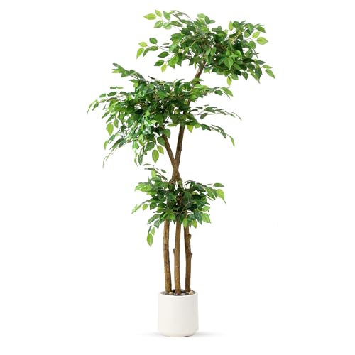 5FT Artificial Ficus Tree with White Planter and Pebbles,Faux Silk Tree with Lifelike Leaves and Realistic Trunk,Tall Fake Potted Plant for Home and Office Décor Indoor and Outdoor (5FT) - size: 5ft