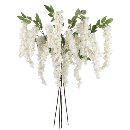 IPOPU 3.9FT Wisteria Artificial Flowers, 4PCS Wisteria Hanging Flowers, Silk White Flower with Long Stem for Tall Vase Filling Wedding Wall Backdrop Centerpieces Home Decoration (White) - color: White