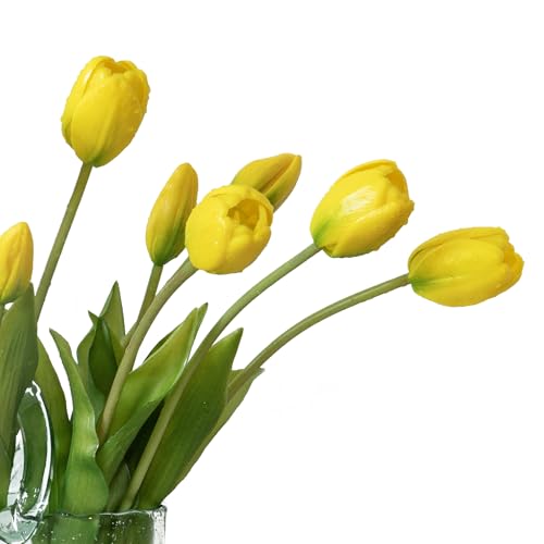 DUYONE 15Pcs Artificial Tulips Flowers, Soft Touch Realistic Latex Tulips Bouquet for Home Office Wedding Party Garden Decor, Fake Flowers for Centerpieces Dining Table Living Room Spring-B Yellow - color: B Style-15pcs Yellow (No Vase)