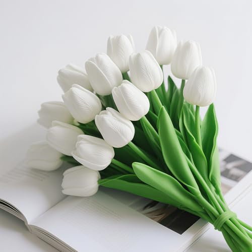 20 Pcs White Fake Tulips Artificial Flowers 13" Faux Flowers Real Touch PU Tulips Bouquet for Mother's Day Floral Arrangement Home Kitchen Table Wedding Decorations - color: White
