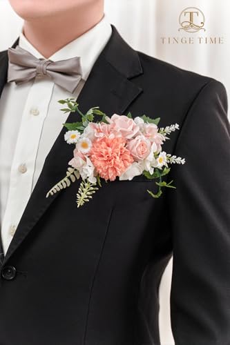 TingeTime Single Pocket Boutonniere for Man Groom, Best Man Boutonniere for Wedding Ceremony Anniversary, Formal Dinner Party and Rustic Spring Wedding Marriage(PeachPink&White) - color: Peachpink&white