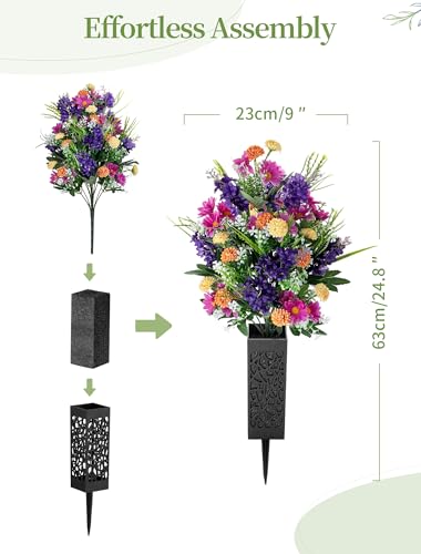 Artificial Cemetery Flowers for Grave: Memorial Day Flowers for Cemetery - Outdoor Grave Decorations - 2 Pcs Purple Violet Mums Bouquets with Vases - color: Purple & Pink