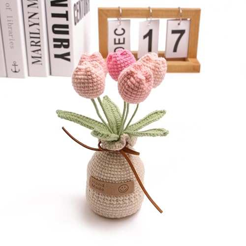 Crochet Woven Tulips with Wool,Simulation Plant Crochet Hand-Woven Flowers for Home Room Table Office Ornaments and Birthday Gifts for Family Friends Anniversary（5 Flowers-Pink ） - color: Pink B, size: B