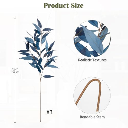 DILATATA 32 inch Blue Artificial Eucalyptus Spray Fall Eucalyptus Leaves Autumn Leaf Branches Faux Fall Stems for Home Floral Arrangement Autumn Festival Thanksgiving Decor - color: Navy Blue