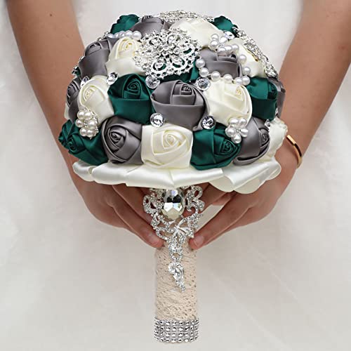Sharebeauty 7.9 Inch Handmade Satin Rose Bridal Bouquet Toss Round Wedding Bouquet Throw Toss Artificial Flower Bunch Deep Green + Dark Grey + Ivory - color: W3217d06 Deep Green/Dark Grey/Ivory