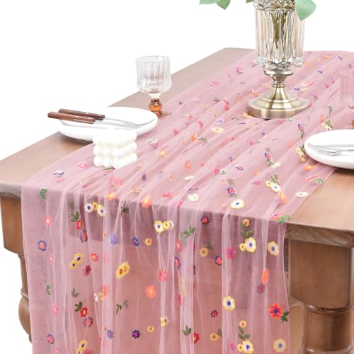 Joanlody 3pcs Blushing Pink Embroidery Daisy Table Runner Valentine’s Day Florals Seasonal Easter Tulle Table Runner Holiday Kitchen Dining Table Decoration for Home Party Indoor - color: Blushing Pink, size: 10ft x 3pack