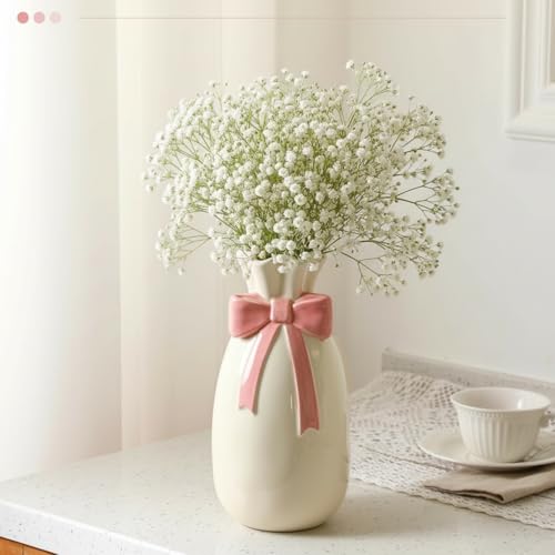 Jingmore Pink Bow Ceramic Vase for Flowers 9.3 Inch Cute Coquette Spring Decorative Porcelain Vase for Fresh/Artificial Flowers Wedding Table Centerpiece Living Room Pink Home Decor