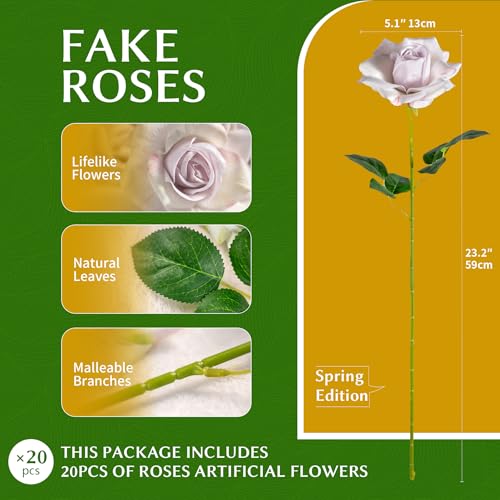 Artificial Flowers Spring Artificial Roses 23.2In Fake Roses Long Stem Artificial Flowers for Tall Vase Suitable for Wedding Party Decor Valentine's Day DIY Bouquet 20PCS White Purple Heart - color: White Purple