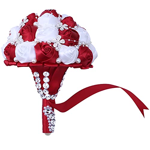 7Inch Handmade Wedding Flowers Bridal Bouquets Crystal Bride Holding Bouquet White Ivory Satin Roses with Diamond Pearl Ribbon.(WineRed) - color: Winered