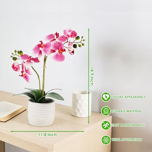 Orchid Artificial Flowers 15" Purple Fake Orchid Flowers in White Ceramic Pot for Home Decor Office Bathroom Table Centerpiece Indoor (Purple) - color: Purple-white