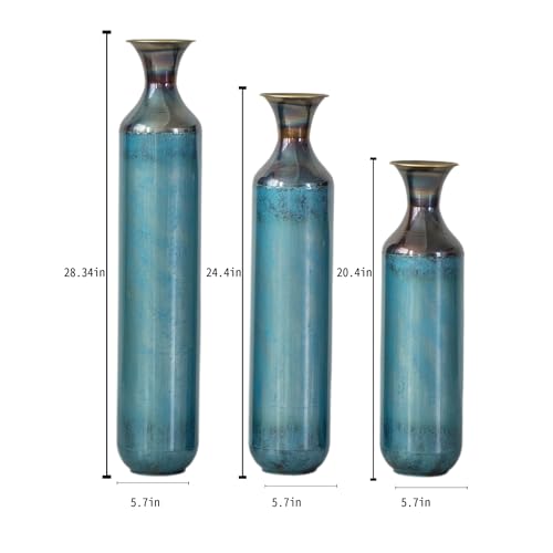 Metal Floor Vases Decorative, Set of 3 Flower Arrangement Stand, Tall Blue Metal Floor Vases for Living Room, Bedroom & Entryway, 28.34", 24.4", 20.4" H (Aqua Blue) - color: Aqua Blue