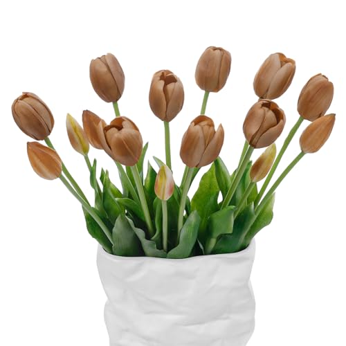 15 Pcs Coffee Artificial Tulips Fake Flowers, Premium Latex Lifelike Texture, UV Resistant Waterproof Faux Tulip Bouquets with Snap-on Petals for Outdoor, Home, Wedding Decor - color: Coffee