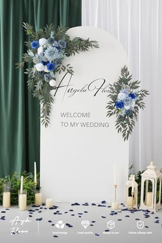 Deluxe Wedding Arch Flowers with Drapes Kit Pack of 4, 2pcs Blue & Grey Hanging Silk Flowers Arrangement 2pcs Chiffon Drapes for Ceremony Arbor Party Outdoor Decor - color: Blue & Grey