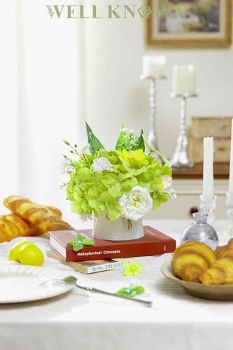 WELL KNOWN Small Fake Flowers in Plastic Vase 7" Centerpieces Coffee Table Decor, Green White Silk Flower Arrangements for Home Decor Indoor Artificial Flower Bouquet for Dining Room Kitchen Wedding - color: Green & White