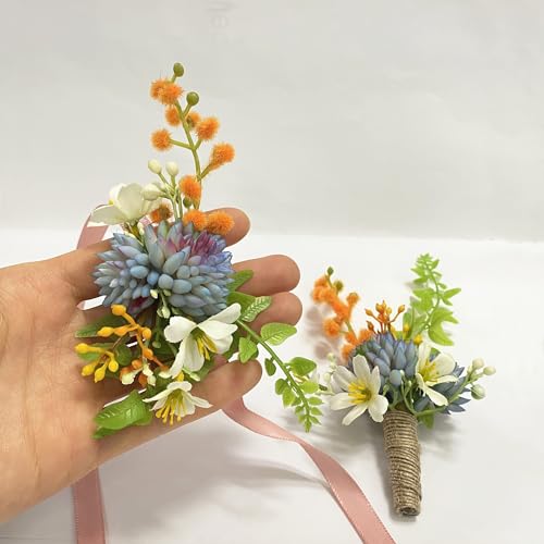 Corsage and Boutonniere Set, Handmade Artificial Peony Rose Wrist Corsage Wristlet and Groom Boutonniere for Men Wedding Prom Suit Decorations (Blue Succulent) - color: Blue Succulent