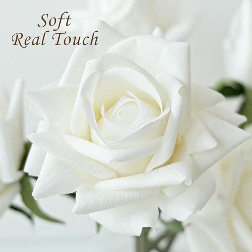 JINWOE White Flowers Roses Artificial Flowers, 10pcs Soft Real Touch Silk Artificial Roses Stems, Lifelike Faux Rose for Wedding Table Centerpieces Party Home Decoration - color: White