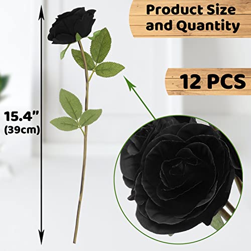 Hananona Black Artificial Roses for Flower Arrangement, 12 Pcs Silk Black Roses Bouquet for Halloween Home Decoration, Faux Black Roses for Halloween and Gothic Decoration - color: Black