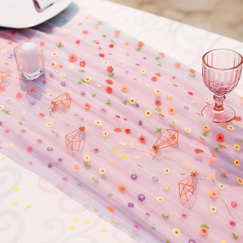 6 Pcs Embroidery Daisy Tulle Table Runners Bohemian Country Florals Tulle Lace Table Runner 120 Inch 10 Ft White Champagne Pink Lace Fabric for Home Dining Wedding DIY Craft - style: Daisy