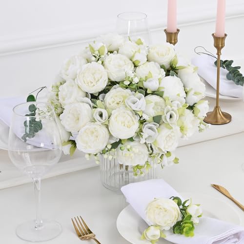 MARTINE MALL 2 Packs Peonies Artificial Flowers, White Artificial Peonies, Silk Peonies Flowers Fake Peonies Artificial Flowers Peonies Bouquet for Centerpiece Table Wedding Party Home Decor - color: White, size: 2PCS