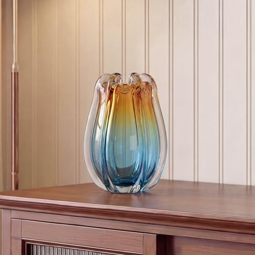 Hand Blown Glass Vase for Flowers, 9.45" Unique Murano Style Art Glass Vase, Fluted Teal Amber Ombre Decorative Vases for Home Decor, Living Room Table Centerpiece, Bookshelf, Wedding Gift