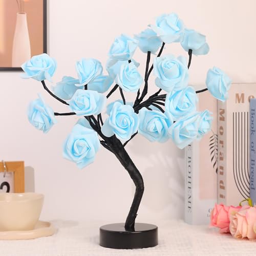 Drawelry Rose Flower Tree Lamp - LED Rose Tree Table Lamp USB/Battery Powered Artificial Bonsai Flower Night Light for Bedroom Living Room Party Wedding Birthday Decor (Blue) - color: Blue