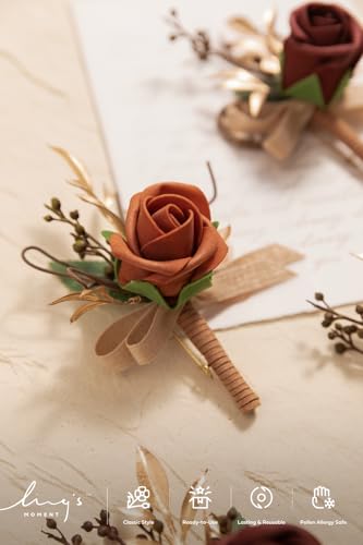 Ling's moment Boutonniere for Men, 6pcs Groom Groomsmen Boutonniere, Artificial Flowers for Wedding Decor/Prom/Homecoming, etc.Terracotta Orange - color: Or-terracotta & Orange