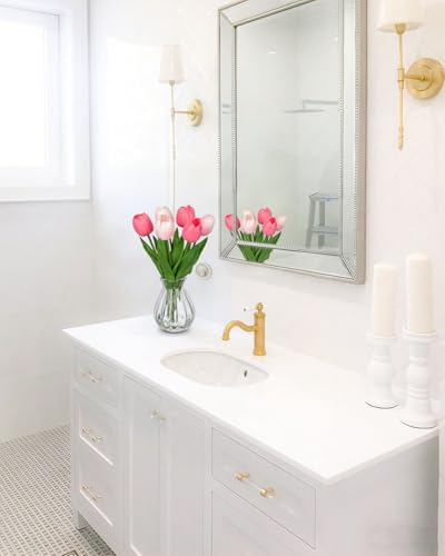 Artificial Tulips Flowers Floral Arrangement - 6 Pcs Faux Flowers in Clear Glass Vase with Faux Water 12.5" Pink & White Ombre Fake Tulip Bouquet Centerpiece for Dining Table Home Wedding Office Decor - color: A-pink&white