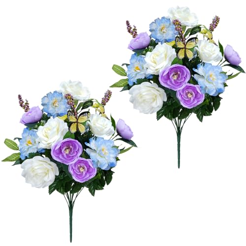 14 Stems Spring Cemetery Flowers for Grave Silk Rose with Butterfly Penoy Bouquet Purple White Fake Floral Arrangement Artificial Rose Flowers Memorial Flowers for Grave Vase Outdoor Table Decor 2Pcs - color: Light Purple White-2pcs