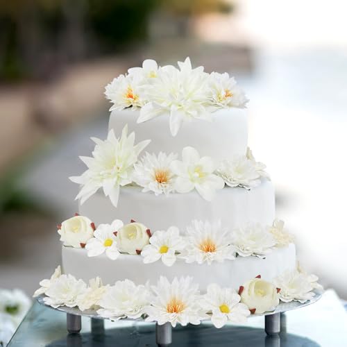 LACGO 48 PCS Faux Flowers Heads Bulk - Artificial Rose Daisy Heads Silk Fake Flower DIY Cake Blossom Wreath Garland Bouquets for Graduation Wedding Crafts Bridal Party Baby Shower Decoration(White) - color: White