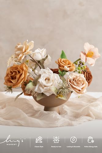 Ling's moment Fake Flowers Box, Faux Artificial Greenery Stems Foam Roses Dahlia Gardenia Tulip Silk Fabic Flower for Centerpieces Bouquet Wedding Vase Decorations, Apricot & Peach, Mini Combo - color: Apricot