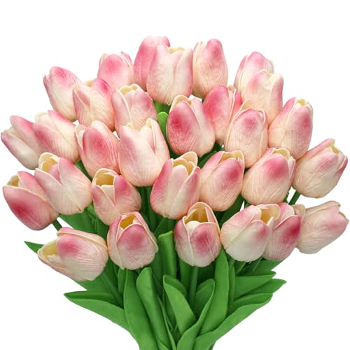 28pcs Pink Flowers Artificial Tulip Stems Real Feel PU Tulips for Easter Spring Wreath Wedding Bouquet Centerpiece Floral Arrangement Cemetery Table Décor 13" Tall - color: Pink