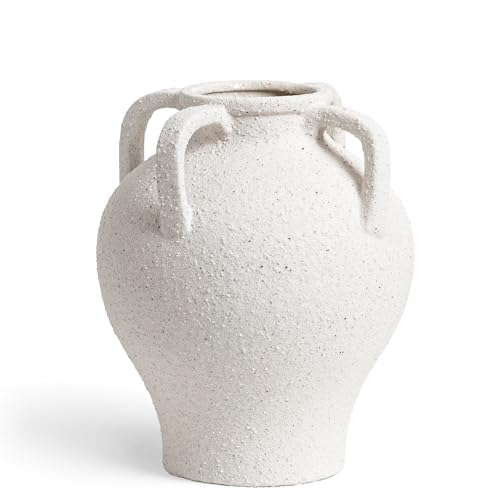 White Ceramic Vase with 4 Handles, 8.8" Rustic Farmhouse Centerpiece - Decorative Flower Vase for Living Room, Table, Bookshelf, Mantel, Entryway & Wedding Home Decor (Rock Sand White) - color: 8.8 Inch-rock Sand White
