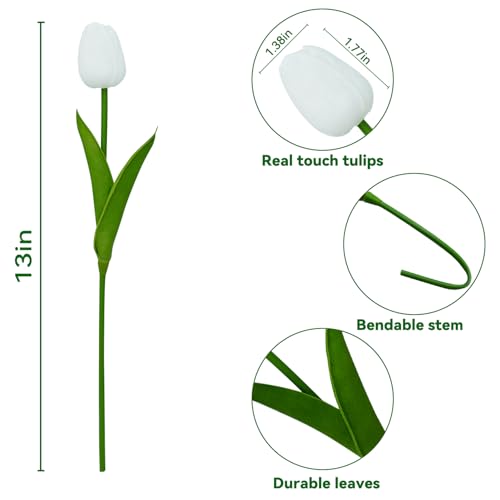 20pcs White Tulips Artificial Flowers 13 Inch PU Fake Flowers Fake Tulips for Mother's Day Easter in Home Wedding Office Party Table Decoration - color: A-white