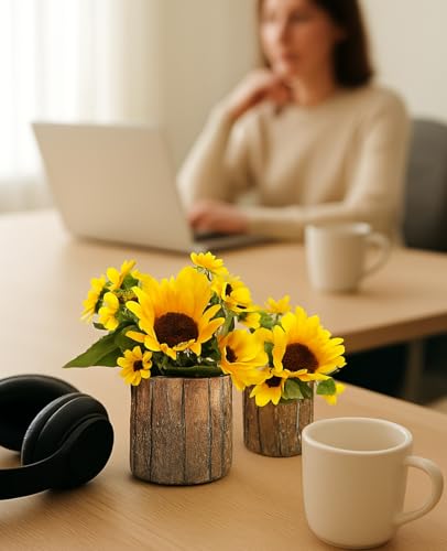 AceList Artificial Sunflowers in Rustic Bark Pots, Set of 2 Small Silk Flower Arrangements for Home, Table, Kitchen, Mother’s Day & Year-Round Decor - color: Yellow