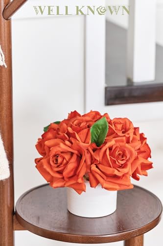 WELL KNOWN Artificial Flowers in Vase, Silk Rose Arrangement Mini Potted Realistic Fake Flowers with Ceramic Vase for Wedding Vanity Centerpiece Coffee Table Bathroom Anniversary Decor (Burnt Orange) - color: Rose, Burnt Orange