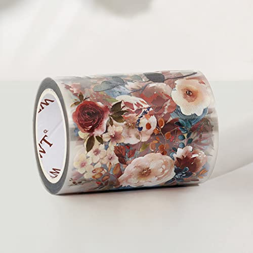 WT Dusty Blue & Cinnamon Wide PET Tape, Single Roll, Original Designs, Floral Decorative Tape, Transparent Craft Tape for Bujo Planner & DIY Supplies, Watercolor Flowers - color: WT Dusty Blue & Cinnamon Wide PET Tape