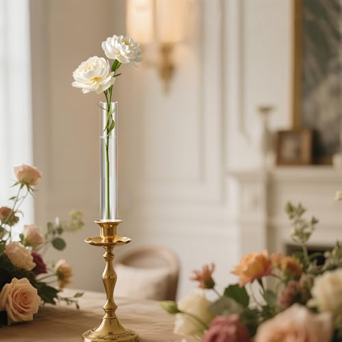 12 Pack 7.9” Acrylic Bud Vase — Cylinder Bud Vase for Taper Candlesticks, Flower Vase with Silicon Rubber Case Fits Candlestick Size 20-22mm, Perfect for Tablescapes, Weddings & Home Decor - size: 12 PC Solid