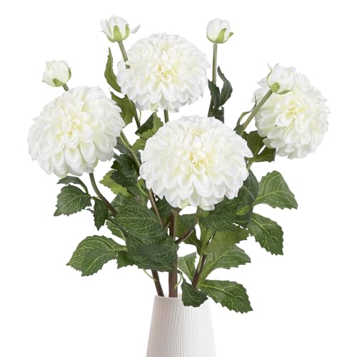 IPOPU 4pcs Artificial Dahlia Flowers 29" Long Stem Faux Flower Realistic Silk Dahlia Flowers with Buds for Tall Vase DIY Bouquet Home Wedding Decor (White) - color: White