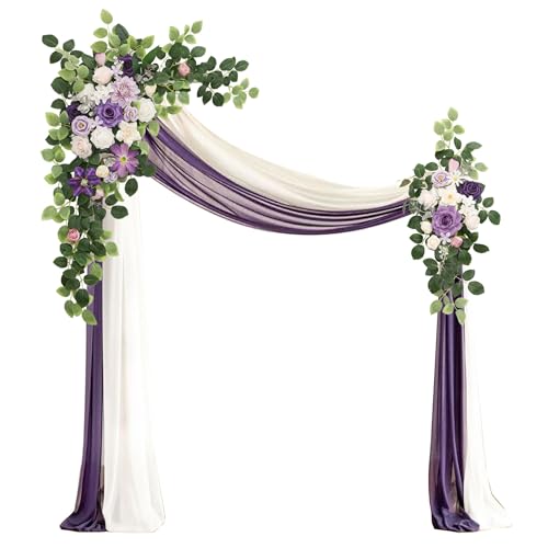 Muhanjia Artificial Wedding Arch Flowers Kit(Pack of 4),2Pcs Artificial Flower Arch Decor, 2Pcs Chiffon Fabric Drapes, Ceremony Decoration, Floral Outdoor Party Decor (Violet & Champagne) - color: Violet & Champagne