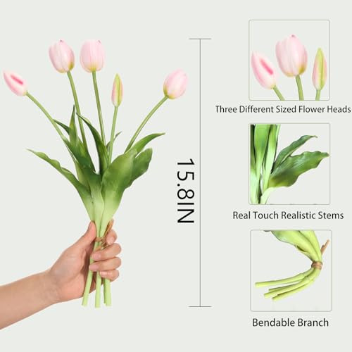 15 Pcs Light Pink Tulips Artificial Flowers Faux Tulips Real Touch Latex Fake Flower Bouquet for Spring Wedding Home Décor Centerpiece Arrangements - color: Light Pink