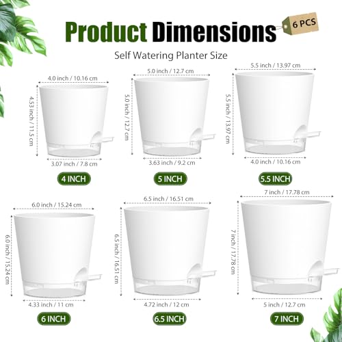 Plant Pots 4/5/5.5/6/6.5/7 Inch Self Watering Pots, 6 Pack Plastic Planters with Drainage Holes and Clear Saucers,Plastic Flower Pots,Nursery Planting Pot for Indoor Out Door Plants(White) - color: White, size: 4/5/5.5/6/6.5/7 inch